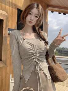 Women's Casual Square Neck Raglan Sleeve 2 In 1 Knit Sweater, New Design Top - Khaki - View 1
