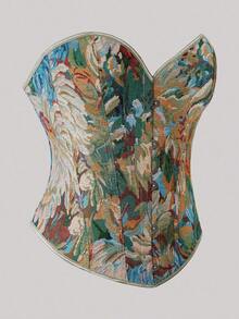 Plus Size Floral Print Lace Up Corset Top Vintage Women Holiday Party Tops For Oktoberfestin Munich ,Halloween,Christmas,New Year,Valentine's Day - 深綠色 - 查看 2