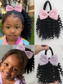 1pc ﻿Black Hair Curly Ponytail With Shiny Bow Elastic Extension Synthetic Hairpiece For Kids - Natural Black - View 6