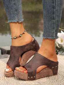 Women's Retro Thick-Soled Wedge Sandals, Suitable For Summer Leisure Vacation Wear - màu nâu - Xem 1