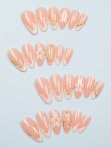 24片短款杏仁形假指甲，白色花朵金色线条3D珍珠美甲，可爱铬合金亚克力按压式凝胶美甲套装（包含：1片果冻凝胶和指甲锉），适合女性日常、约会、派对等场合。 - 彩色 - 查看 2