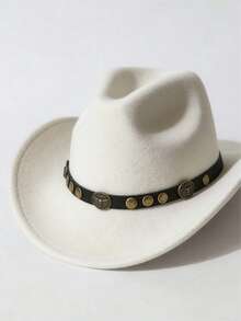 1顶男女通用西部牛仔帽，配有可拆卸牛头铆钉装饰 - 100% 涤纶手工编织爵士高顶帽，轻便无弹性设计，适合户外活动、骑马、派对舞台表演、生日派对等场合。 - 三圓鉚釘小牛頭禮帽 - 查看 5