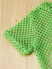 Conjunto de 3 piezas para niñas preadolescentes: Camiseta de tirantes con estampado de letras Brooklyn en verde neón + Parte superior con superposición de malla + Pantalones cortos, Conjunto de moda de verano para exteriores, Adecuado para exteriores, Regalo de verano - verde menta - Ver 12