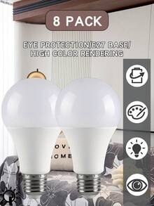 8 Pack E27 LED Bulbs, 7W/9W/12W/15W, 110W Equivalent, 110V-265V, 6500K, 1500 Lumen, Ultra-Bright, Energy Efficient, Eye-Friendly, Shatterproof, Standard Shape, E27 Base, For Living Room, Kitchen, Bedroom, Office