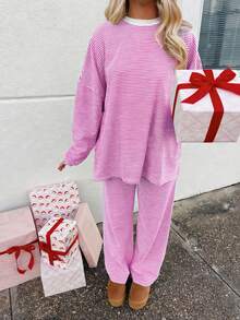 Women's Stripe Printed Round Neck Pullover Set Loose Casual Long Sleeves Top Elastic Waist Pant 2 Pieces Loungewear Set - Hồng - Xem 3