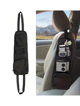 1 pieza Bolsa de almacenamiento multifuncional para asiento de coche de nailon negro (con bolsillo de malla) Accesorio de almacenamiento trasero de múltiples compartimentos Bolsa colgante lateral para asientos de coche Bolsa de almacenamiento lateral montada en la parte trasera Admite montaje en pared Ofrece múltiples opciones de cierre para ayudarte a organizar fácilmente los objetos de tu coche