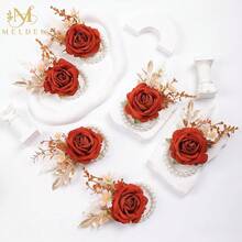 Meldel Orange Velvet Rose Wrist Corsage, Set Of 6, Wedding Bridal Flower Corsage Hand Decor For Prom Party Homecoming, Wristband Flowers Bride, Bridesmaid, ,6pcsOrangeWristCorsages - 6顆橘色腕花 - 查看 3