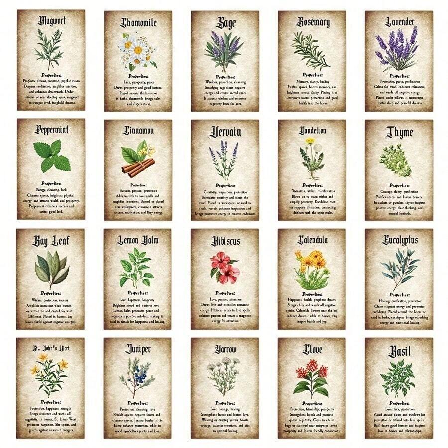 20 Flower Witch Herb Cards - Pocket Magic Book Herb Pages. Plant Illustrations Possess Power And Wisdom Properties, Suitable For Magic And Witchcraft Reference. Detailed Plant Cards. - CP-140 - Xem 1