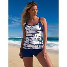 Women's Tankini Swimwear – Relaxed Fit Two-Piece Set For Beach, Pool & Resort Days - Blue and White Print - View 3