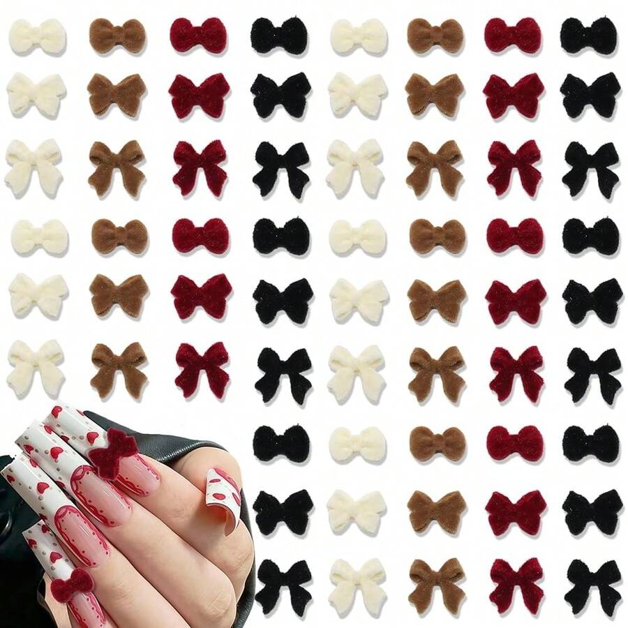 150Pcs Valentine's Velvet Red Bow Nail Charms Wine Red Brown Black White Mixed Style Bow Tie Nail Rhinestones Velvet Bowknots Nail Gems And Jewelry Kawaii Charms For Women Nail Supplies Accessories,Black - Black - 查看 1