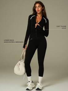 UONNOU 两件套女士运动服套装，长袖外套+塑形紧身裤，运动服，塑形服，休闲，带拇指孔，全拉链设计，紧身剪裁，高压缩性，适合户外运动、瑜伽、日常穿着、工作、街头风、派对和度假。 - 黑色 - 查看 4