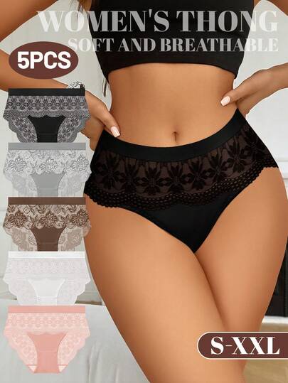 MIOTAN 5 piezas/paquete Bragas de mujer de cintura alta con encaje, ropa interior suave, ligera y transpirable