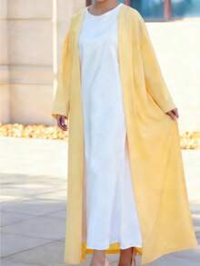 Women's Loose Fit Long Robe, Yellow Woven Fabric, Featuring Fashionable Slit Detail, Exuding Graceful Elegance Spring - Yellow - View 4
