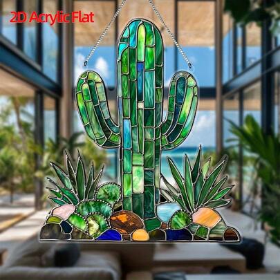2D Acrylic Flat Surface, Decorative Art, Cactus Sunboard, Stained Window Hanging, Acrylic Sign, Spring Decoration, Bohemian Style, Wreath Centerpiece, Women's Birthday Gift, Window Decoration, Porch Decoration, Wall Decoration, Home Decoration, Room Decoration, Valentine's Day Gift For Wife YYY