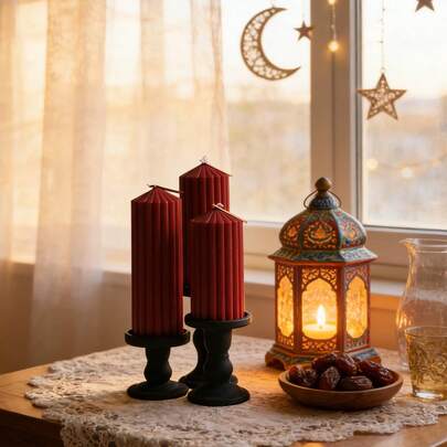 This Vintage Burgundy Striped Scented Candle, 2.75 Inches In Diameter And 2.95 To 7.87 Inches In Length, Emits A Sweet Fragrance And Is Smokeless. It Is Suitable For Ramadan And Eid Al-Fitr Decorations, As Ramadan And Eid Al-Fitr Gifts, Ramadan Blessing Decorations, And Eid Al-Adha Decorations.