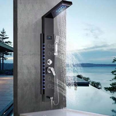 Panel de Ducha con Grifo LED y Hidromasaje - Sistema Acero Inoxidable Antical, Kit Completo con Cabezal Fijo, Ducha de Mano, 5 Funciones y Caño para Bañera