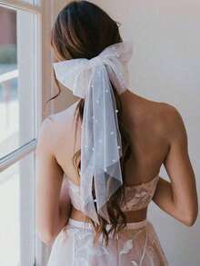 Cream Bowknot Mesh Hair Clip, Ethereal Hairpin With Mesh Ribbon And Pearl Butterfly, Elegant For Wedding, Bridal, And Feminine Style - Multicolor - View 1