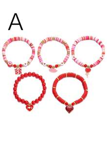 5件套情人节手链套装 - 心形“LOVE”玫瑰吊坠，多层手链套装，心形手链，聚合物粘土人造水晶串珠手链，情侣手链，情人节礼物，节日派对礼品，生日礼物 - 彩色 - 查看 4