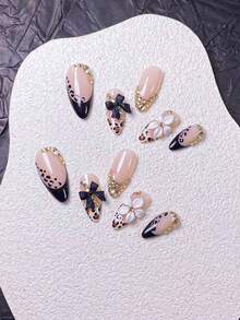 10pcs Handmade Almond Gold Line Mirrored 3D Floral Minimalist Detachable Nail Tips, Fashionable & Elegant Nails Nail Supplies Handmade Press On Nails - Multicolor - View 7