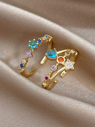 18K镀金防褪色复古多巴胺星形戒指，彩色水钻开口可调节戒指，女士款，适合情人节、派对、晚宴、日常佩戴、狂欢节、新年、婚礼、海滩、圣诞节、周年纪念日等场合，优雅妈妈礼物，波西米亚风珠宝，生日伴娘礼物