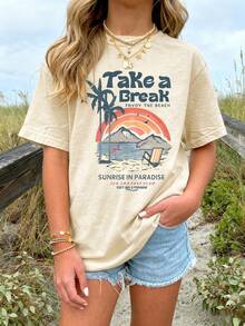 Tween Girls' Casual Apricot Printed Round Neck Short Sleeve T-Shirt, Summer Top - Apricot - View 1