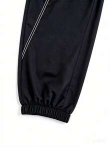 女士黑色轻薄束口慢跑裤 - 侧边白色条纹设计，宽松抽绳款式，适合四季日常休闲穿着 - 黑色 - 查看 5