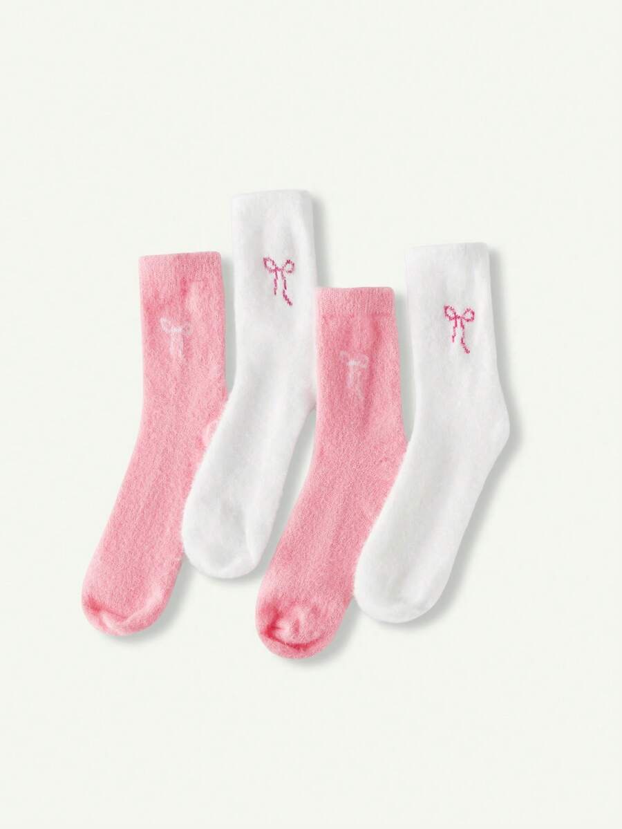 Bonmuse 2/4 Pairs Of White And Pink Fuzzy Women's Crew Socks, Bow Pattern Warm Socks, Soft And Comfortable, Suitable For Autumn And Winter,Random Colors, Fluffy Socks - Multicolor - View 1