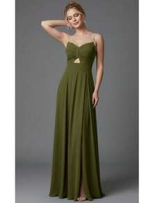 Bridesmaid Dress With Princess Style, Rhinestone Straps, Cheap, Flowing, And No Shine - 橄欖綠 - 查看 2