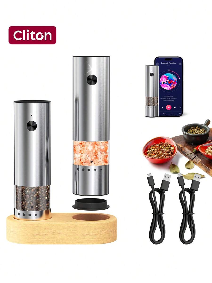 CLITON 迷你電動胡椒鹽研磨器，300mAh Type-C可充電，可調節研磨，陶瓷研磨芯，不鏽鋼材質，可視香料，附防塵蓋。單件或2件組附木製底座，適用於廚房與露營，完美禮物