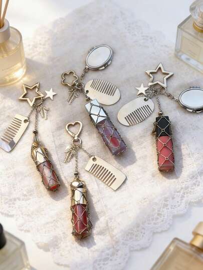 Silver Lipstick Net Bag, Metal Lipstick Storage Bag Pendant With Replaceable Stainless Steel Net Bag, Heart & Star Decor Lipstick Case Keychain With Heart Mirror And Small Comb. Woven Net Bag, Elegant Keychain