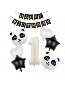 8pcs Cute Panda Head Foil Balloons, Cartoon Panda Balloons For Party Decoration, Paired With Black & White Hearts, Pentagram, Happy Birthday Letter Banner, Suitable For Panda Themed Birthday Party, Baby Shower, Gender Reveal, Anniversary And Other Celebrations - Beige - View 13