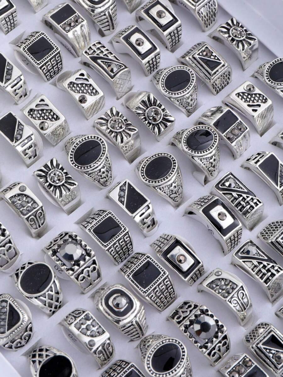 1/10/40/100 piezas Juego de anillos de dedo punk geométricos de plata vintage con diseño y tamaño aleatorios, uso diario unisex - Multicolor - Ver 1