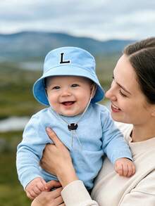 儿童26字母印花遮阳帽，带可调节防风绳，休闲风格婴儿渔夫帽，适合户外、海滩、防晒 - 淺藍色 - 查看 2