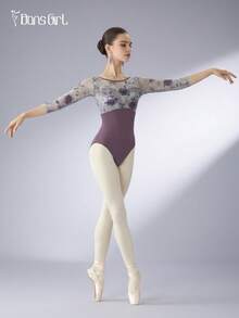 DonsGirl Áo liền quần múa ba lê nữ, trang phục khiêu vũ thanh lịch với họa tiết hoa hồng 3D bằng lưới và tay áo lửng, thích hợp cho thể thao mùa xuân. - Màu tím - Xem 10