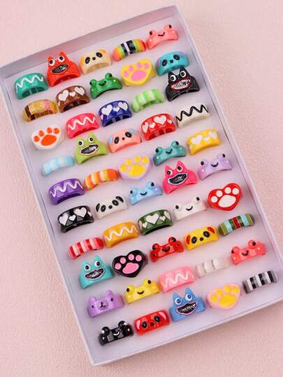 10/20/30 pièces Bagues à la mode mignonnes et amusantes en forme d'œil de monstre, de rayures colorées, de chat, d'ours, de poulet. Cadeaux d'anniversaire, accessoires quotidiens pour filles et garçons