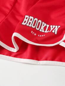 3pcs Tween Girl Brooklyn Letter Print Camisole + Mesh Overlay Top + Shorts Outfit, Summer Outdoor Fashion Set, Suitable For Outdoor, Summer Gift - Burgundy - View 9