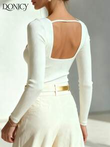 DONICY 女士白色方领露背罗纹修身长袖上衣，新款春夏时尚优雅复古风，适合情人节、狂欢节、休闲、约会、商务、度假等各种场合。 - 白色 - 查看 2