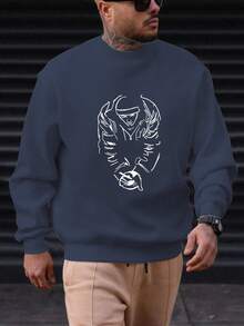 Sudadera Casual de Cuello Redondo con Patrón de Línea de Personaje para Hombre - Azul Marino - Ver 6