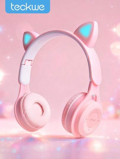 Teckwe Foldable Wireless Cat Ear Headphones Color-Changing Cat Ear Wireless Headphones With Build-In Microphone, Touch Controls, And Long Battery Life Suitable For Children/Gifts