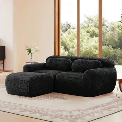 Two-Seater Corner Sofa, Soft Plush Fabric, Modular And Combinable As Desired, With Cushions. High-Resilience Soft Foam, No Assembly Required, Ideal For Small Spaces, Black.