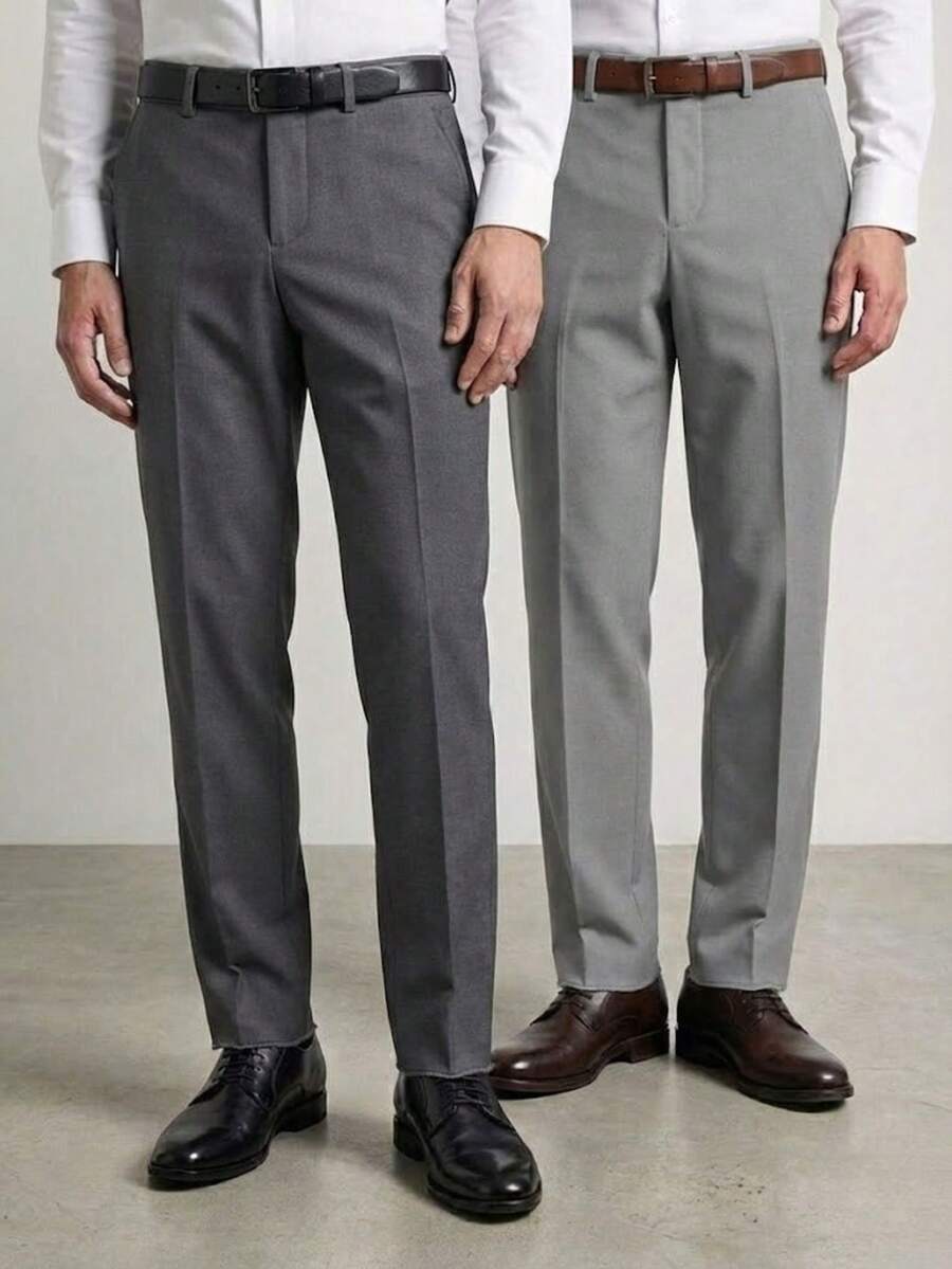 Men's 2-Piece Set - Slim Fit Dress Pants, Straight Leg Tailored Formal Suit Pants For Men, Polyester, Overlock Hem Finish - Light Gray and Dark Gray - View 1