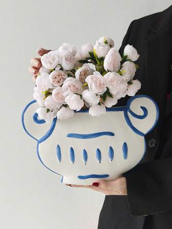 1件复古条纹陶瓷花瓶装饰，手绘希腊美学爱奥尼柱形图案，客厅手绘美学花瓶，门厅桌面装饰，水培植物，节日礼物送给家人和朋友