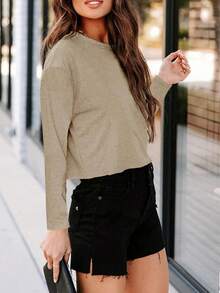 Women's Long Sleeve Crop Top Loose Fit Crew Neck Drop Shoulder Cropped T-Shirt Casual Basic Tee - Màu Khaki - Xem 2