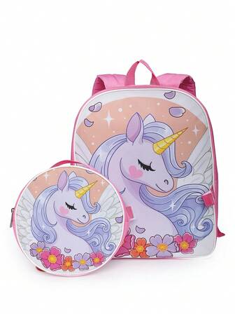 Barnmode-ryggsäck och lunchväska, enhörningsdesign, klassisk konstnärlig illustration, tjocka justerbara axelremmar, dragkedja, återanvändbar matlåda, lämplig för pojkar och flickor