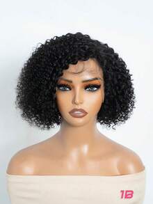 短款非裔蓬松卷曲人发波波头假发，带刘海，100%真人发假发，前蕾丝假发，深色发根，10英寸卷曲波波头假发，预先拔毛，150%密度，蕾丝前片，蕾丝区域尺寸为11*4*0.5英寸。送给妈妈的礼物，送给亲朋好友的礼物。