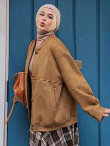 DAZY Women's Suede Collar Loose Open Front Casual Jacket - Rust Brown - View 6