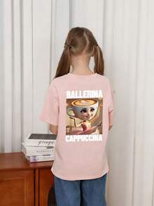 Tween Girl 休闲趣味“意大利 Brainrot Coffee Ballerina”图案印花圆领短袖 T 恤，夏季上衣 - 粉色 - 查看 2