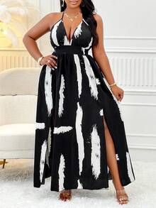 Grafik-Muster rückenfrei Sommer Cami Blumen Strandkleid für Frauen (zufälliger Muster)