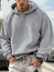 Men's Solid Color Drop Shoulder Long Sleeve Drawstring Pocket Casual Hoodie, Suitable For Autumn/Winter And Back To School Season |   Recommended For Layering |   Convenient For Daily Casual Wear And Travel-Unisex Casual Vintage Street-Style Loose-Fit Cotton T-Shirt Top - 灰色 2 - 查看 5