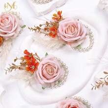 Meldel Pink Velvet Rose Wrist Corsage, Set Of 6, Wedding Bridal Flower Corsage Hand Decor For Prom Party Homecoming, Wristband Flowers Bride, Bridesmaid, Mother Of The Bride Corsage,6pcsPinkWristCorsages - 6個粉紅色手腕花 - 查看 7